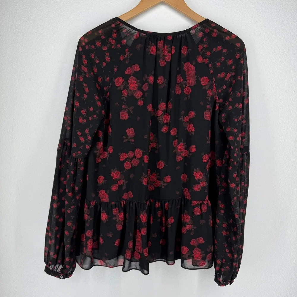 MICHAEL KORS Peplum Top Size Small Bishop Sleeve‎ Dark Floral Romantic Sheer